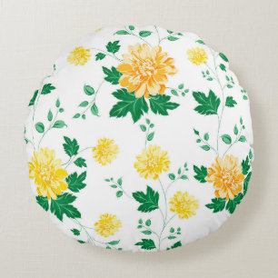 Modern Yellow Green Watercolor Floral Round Pillow