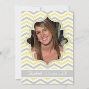 Modern yellow, grey chevron birthday photo invitation