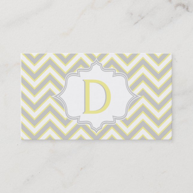 Modern yellow, grey chevron monogram personalized business card (Front)