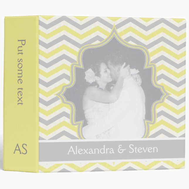 Modern yellow grey chevron zigzag wedding planner binder (Front/Spine)