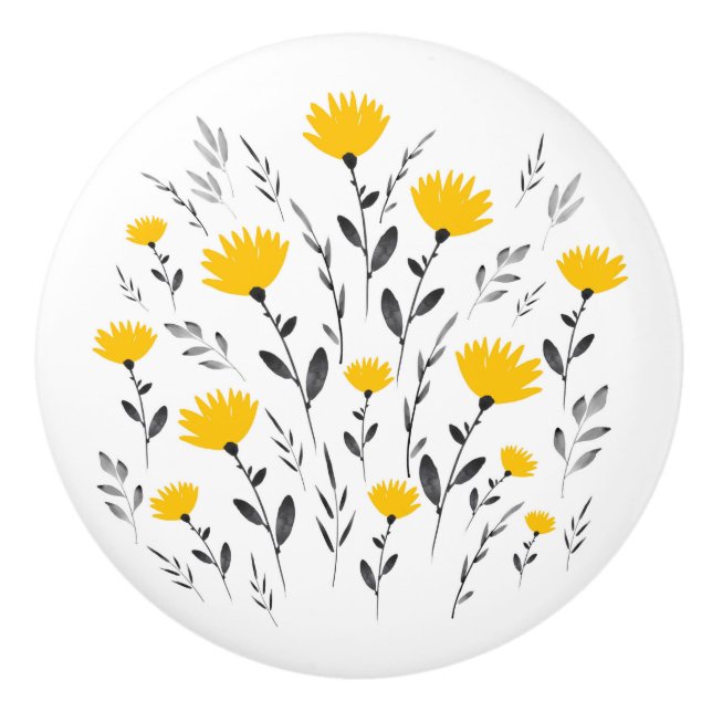 Modern Yellow Grey Floral Motif Ceramic Knob (Front)