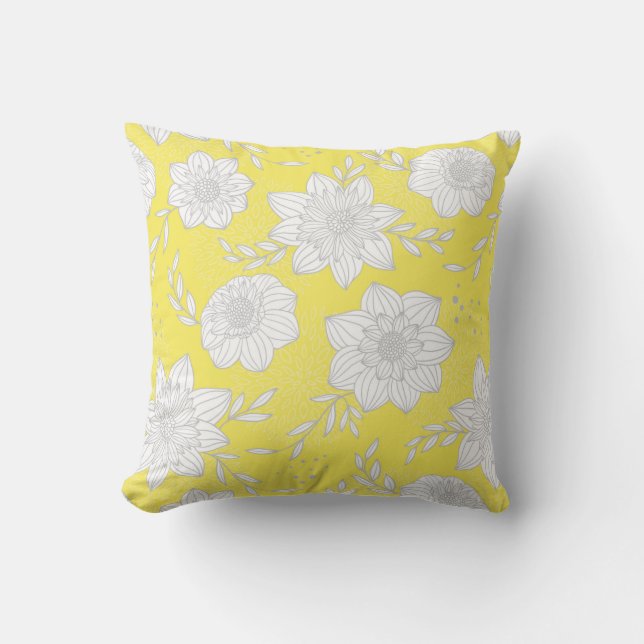 Modern Yellow Grey Floral Throw Pillow (Front)