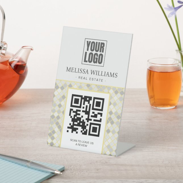 Modern Yellow & Grey Geometric QR Code Pedestal  Sign (In SItu)