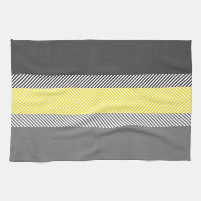 Modern Yellow & Grey Geometric Stripes Pattern Kitchen Towel (Horizontal)