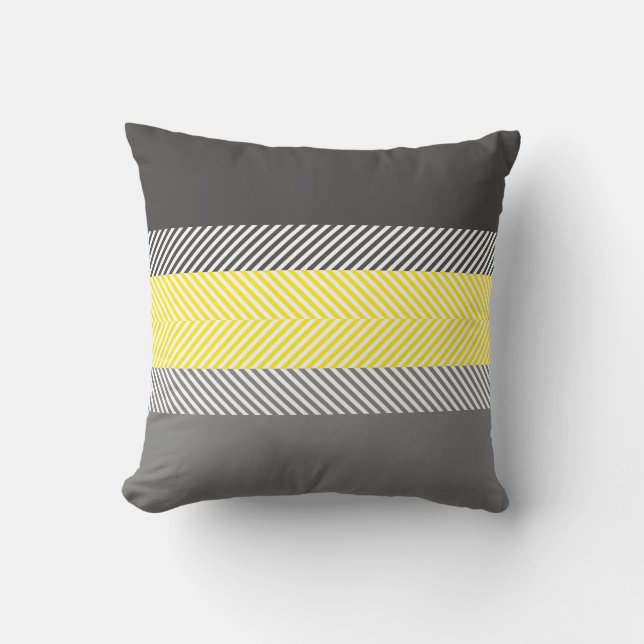 Modern Yellow & Grey Geometric Stripes Pattern Throw Pillow (Front)