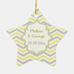 Modern yellow, grey, ivory chevron pattern custom ceramic ornament