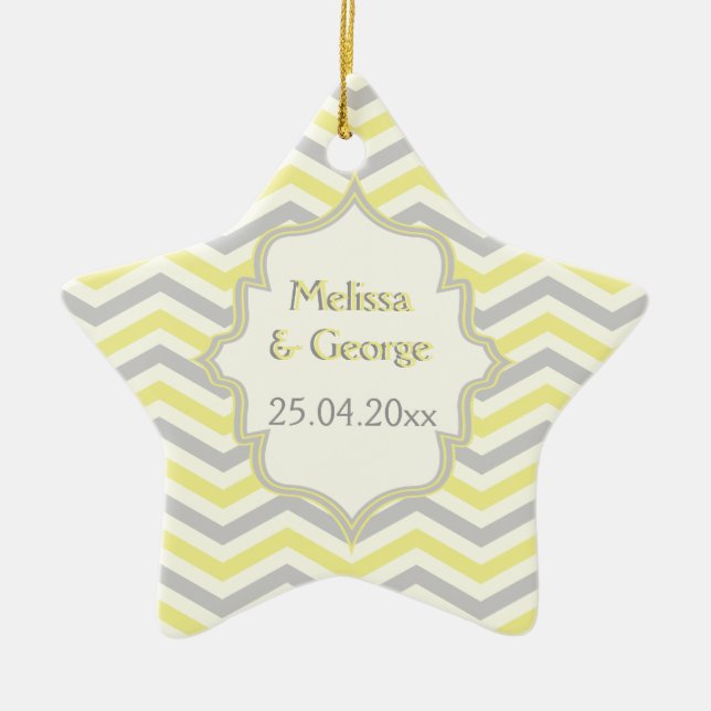 Modern yellow, grey, ivory chevron pattern custom ceramic ornament (Front)
