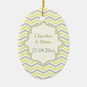 Modern yellow, grey, ivory chevron pattern custom ceramic ornament