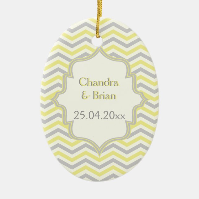 Modern yellow, grey, ivory chevron pattern custom ceramic ornament (Front)