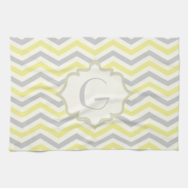 Modern yellow, grey, ivory chevron pattern custom kitchen towel (Horizontal)