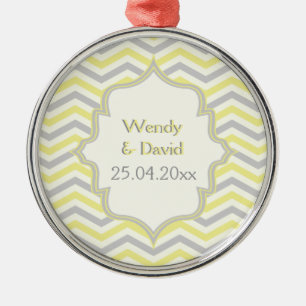 Modern yellow, grey, ivory chevron pattern custom metal ornament