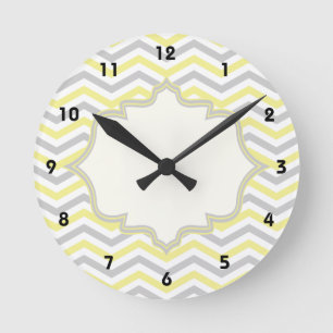 Modern yellow, grey, ivory chevron pattern custom round clock