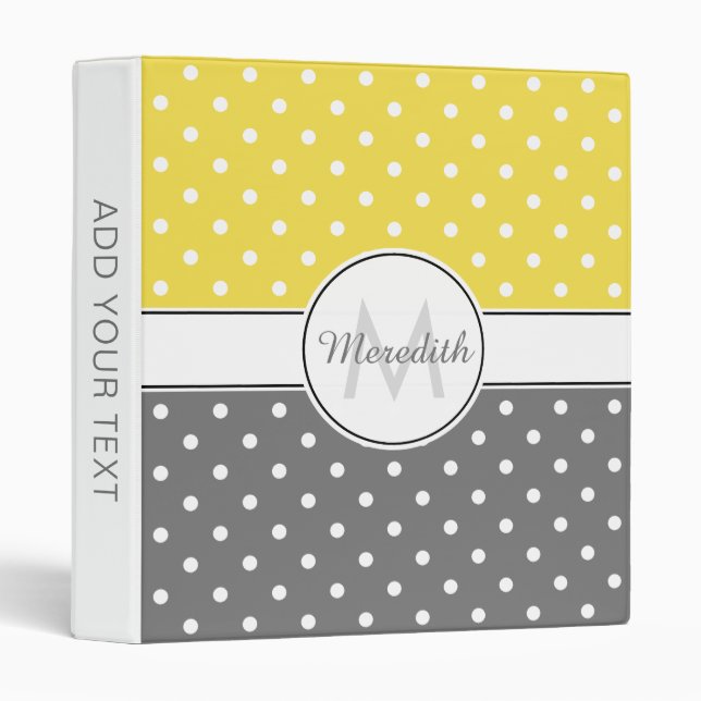Modern Yellow Grey Polka Dot Pattern Monogram Binder (Front/Spine)