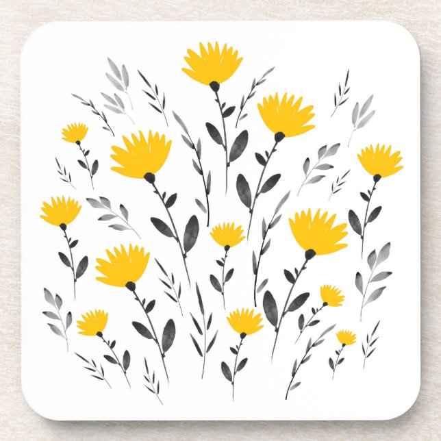 Modern Yellow Grey Watercolor Floral Motif Coaster (Front)
