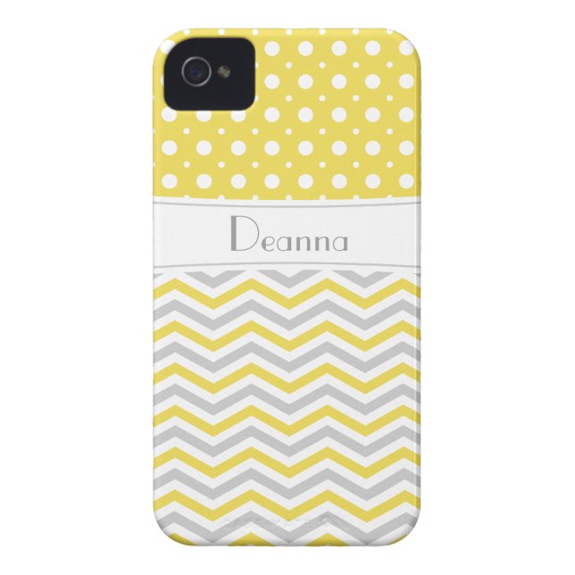Modern yellow, grey, white chevron & polka dot Case-Mate iPhone case (Back)