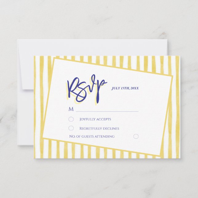 Modern Yellow Hand Written Pinstripe Italy Wedding RSVP Card (Front)
