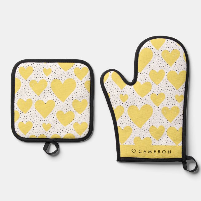 Modern Yellow Heart Pattern Personalized Oven Mitt & Pot Holder Set (Front)