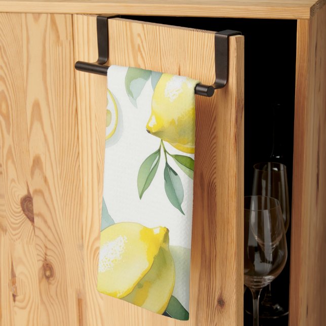 Modern yellow lemon floral script bridal shower kitchen towel (Thirds Fold)