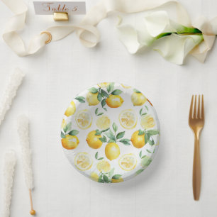Modern yellow lemon floral script bridal shower paper plate