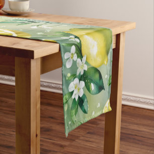 Modern yellow lemon floral script bridal shower short table runner
