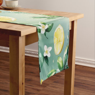 Modern yellow lemon floral script bridal shower short table runner