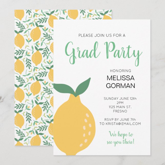 Modern Yellow Lemon Grad Party Invitation (Front/Back)