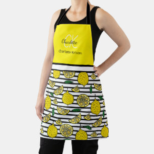 Modern Yellow Lemon Pattern Monogram Name Apron