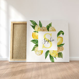 Modern Yellow Lemons Frame & Leaves With Name Canvas Print