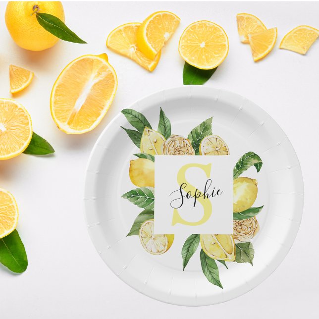 Modern Yellow Lemons Frame & Leaves With Name Paper Plate (Creator Uploaded)