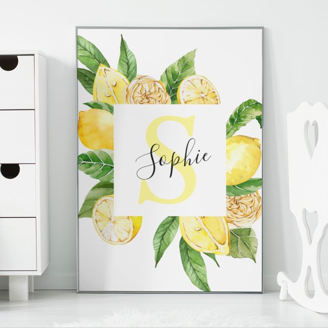 Modern Yellow Lemons Frame & Leaves With Name Poster (Creator Uploaded)