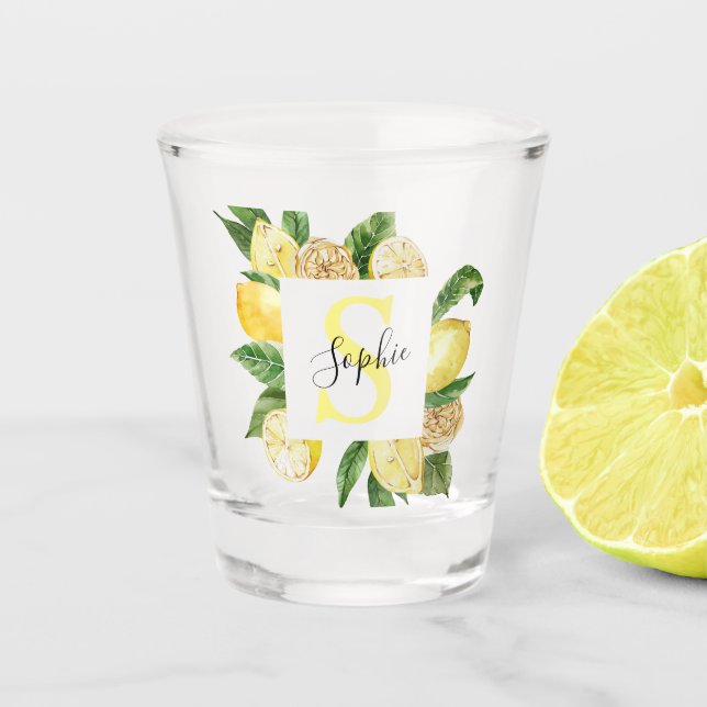 Modern Yellow Lemons Frame & Leaves With Name Shot Glass (Front)