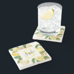 Modern Yellow Lemons Frame & Leaves With Name Stone Coaster<br><div class="desc">Modern Yellow Lemons Frame & Leaves With Name</div>