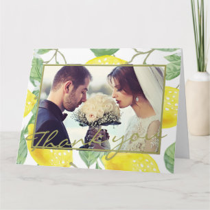 Modern Yellow Lemons & Green Foliage Wedding Photo Thank You Card