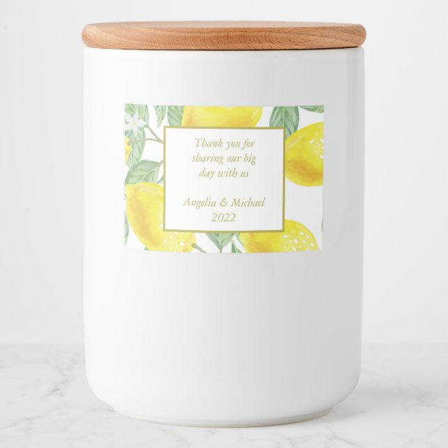 Modern Yellow Lemons Green Leaves Wedding Food Label (Front)