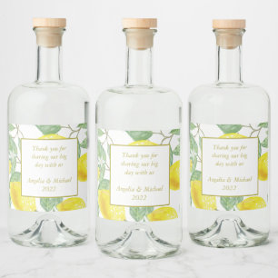 Modern Yellow Lemons Green Leaves Wedding Liquor Bottle Label