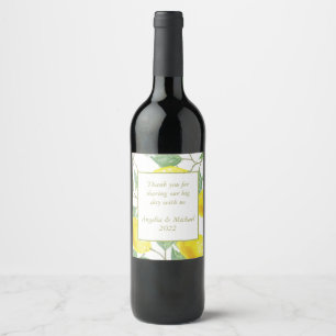 Modern Yellow Lemons Green Leaves Wedding Wine Label