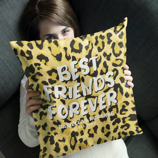 Modern Yellow Leopard “Best Friends Forever” Throw Pillow (Creator Uploaded)
