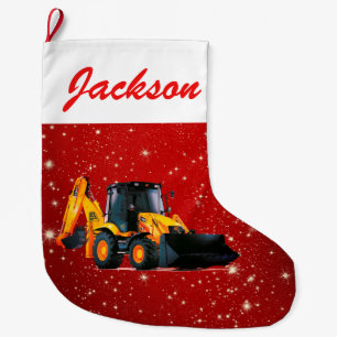 Modern Yellow Loader Tractor on Red Large Christmas Stocking