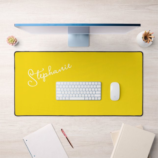 Modern Yellow Minimalist Personalized Script Name  Desk Mat (Office 1)