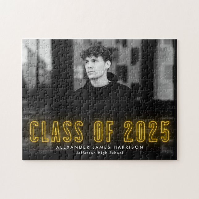 Modern Yellow Neon Class of 2025 Graduation Photo Jigsaw Puzzle (Horizontal)