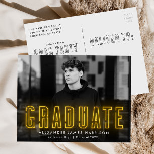 Modern Yellow Neon Photo Graduation Party Invitation Postcard