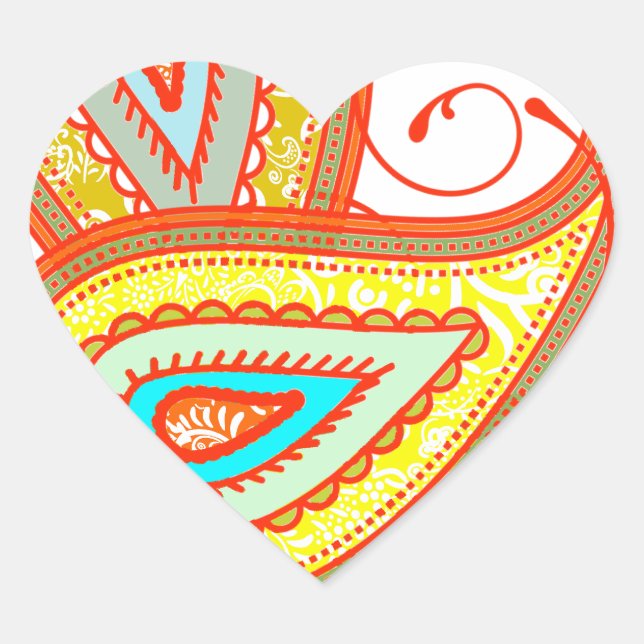 Modern Yellow Orange Aqua Mint Paisley Gifts Heart Sticker (Front)