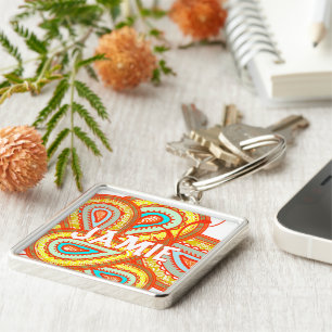 Modern Yellow Orange Aqua Mint Paisley Gifts Keychain