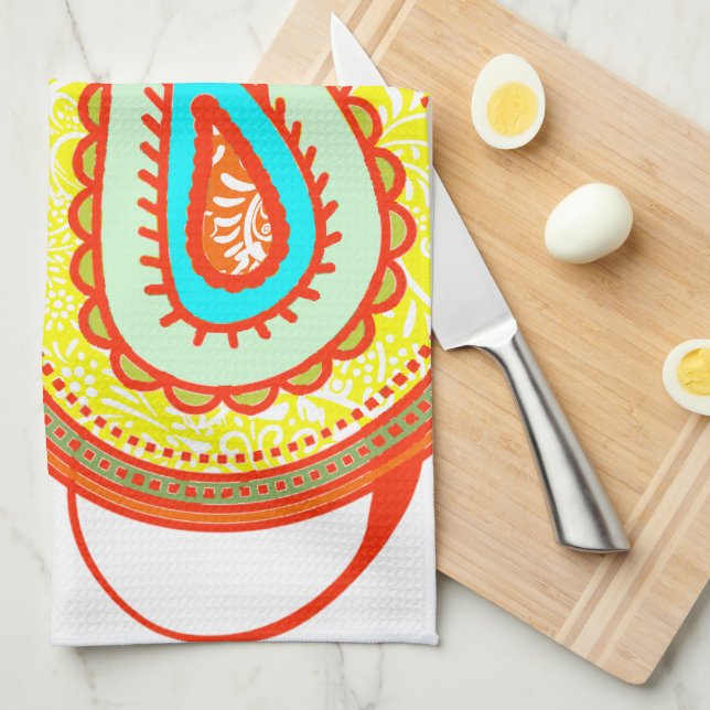 Modern Yellow Orange Aqua Mint Paisley Gifts Kitchen Towel (Quarter Fold)
