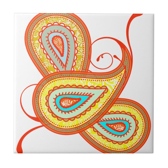 Modern Yellow Orange Aqua Mint Paisley Gifts Tile (Front)