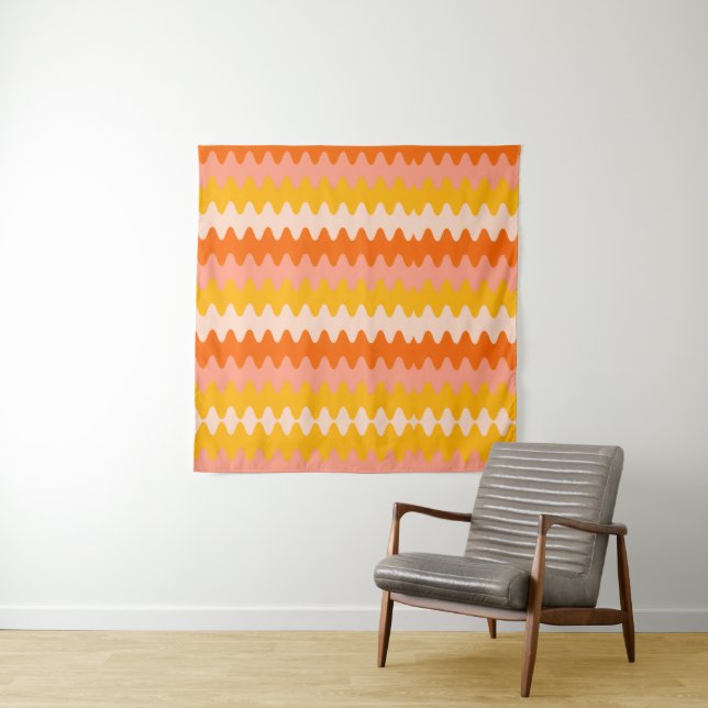 Modern Yellow, Orange & White Zig Zag Pattern Tapestry (In Situ)
