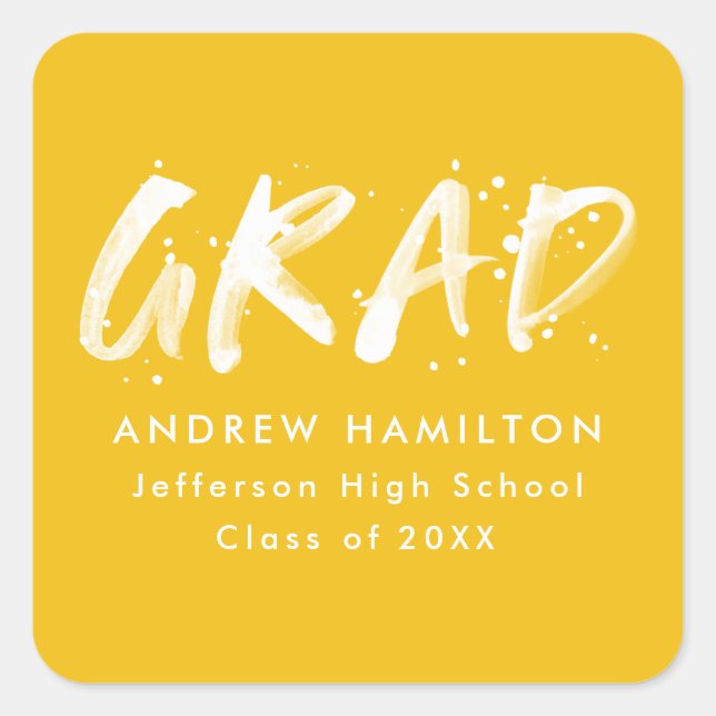Modern Yellow Paint Splatter Graduation Square Sticker (Front)