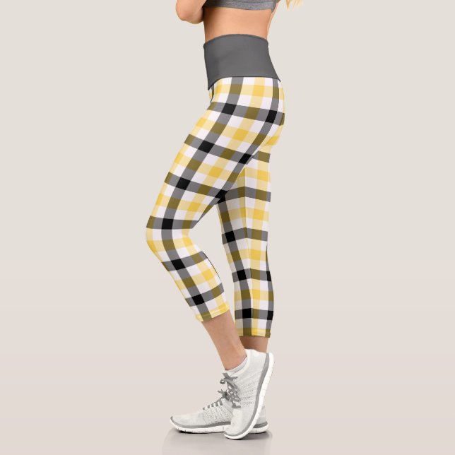 Modern Yellow Plaid Tartan Pattern Capri Leggings (Left)