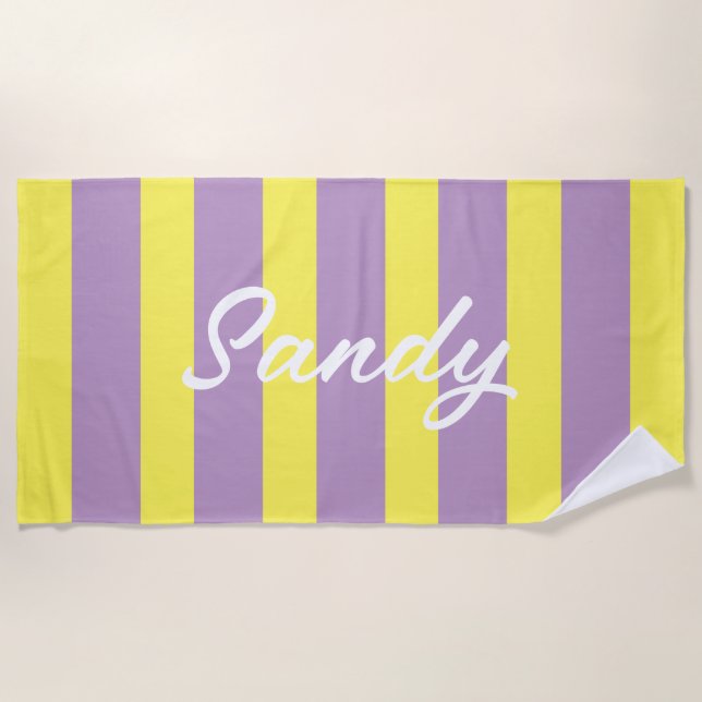 Modern yellow &purple custom name beach towel (Front)