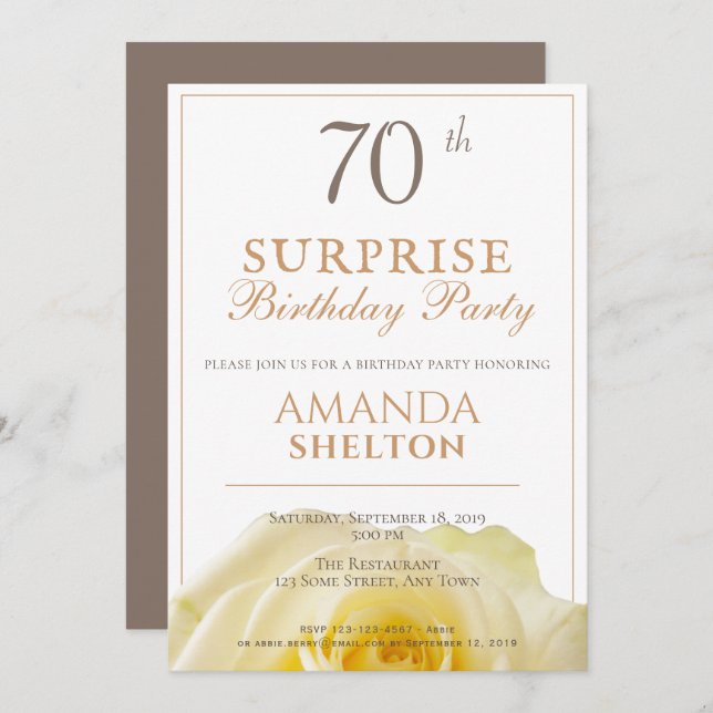 Modern Yellow Rose 70th Surprise Birthday Party Invitation (Front/Back)